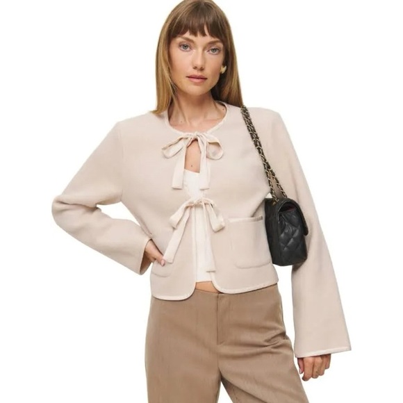 NWT Reformation Daisy Cropped Jacket Bows Tie Front Cream Large - Picture 13 of 13